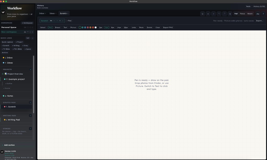 Scratch pad canvas with pen, colours, stroke widths, and export PNG